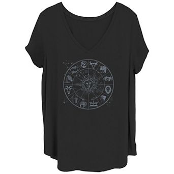 Juniors' Plus Sun And Moon Celestial Zodiac Signs V-Neck Graphic Tee