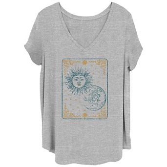 Juniors' Plus Sun And Moon Card Vintage V-Neck Graphic Tee
