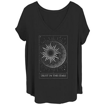 Juniors' Plus Trust In The Stars Card V-Neck Graphic Tee