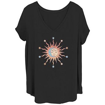 Juniors' Plus Moon And Sun Surrounded By Stars V-Neck Graphic Tee