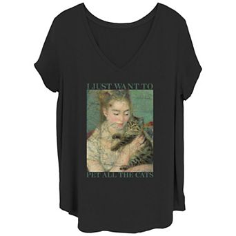 Juniors' Plus I Just Want To Pet All The Cats V-Neck Graphic Tee