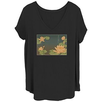 Juniors' Plus Water Lilies Painting V-Neck Graphic Tee