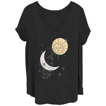 Juniors' Plus Moon And Sun Flowers And Stars V-Neck Graphic Tee