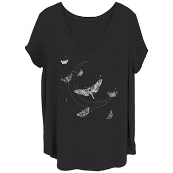 Juniors' Plus Size Celestial Moths V-Neck Graphic Tee