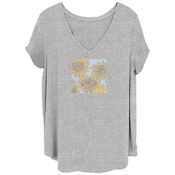 Juniors' Plus Size Sunflowers Paint V-Neck Graphic Tee