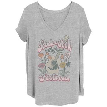 Juniors' Plus Size Rock And Roll Wildflowers Festival V-Neck Graphic Tee