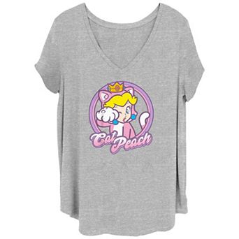 Juniors' Plus Size Super Mario Bros Cat Peach Badge Graphic Tee