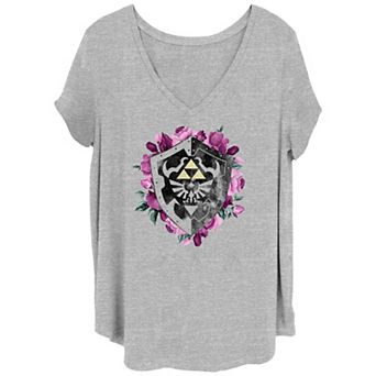 Juniors' Plus Size The Legend Of Zelda Floral Hylian Shield Graphic Tee