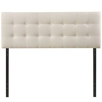 Queen Size Modern Ivory Fabric Upholstered Button Tufted Headboard