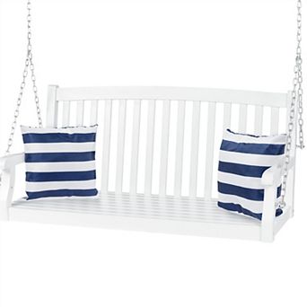 White Acacia Wooden Curved Back Hanging Porch Swing Bench With Mounting Chains