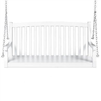 White Acacia Wooden Curved Back Hanging Porch Swing Bench With Mounting Chains