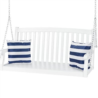 White Acacia Wooden Curved Back Hanging Porch Swing Bench With Mounting Chains