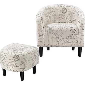 Letter Print French Upholstered Barrel Chair And Ottoman Set