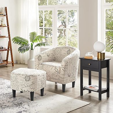 Letter Print French Upholstered Barrel Chair And Ottoman Set