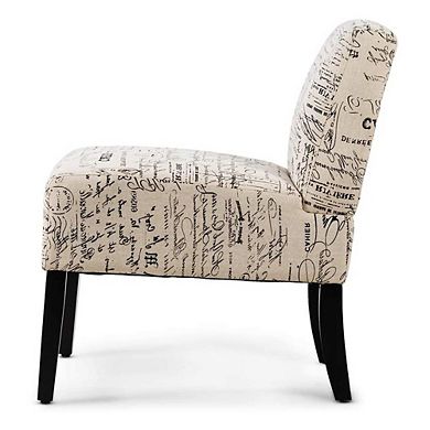 Modern Accent Chair Off-white French Cursive Pattern Upholstery With Black Wood Legs