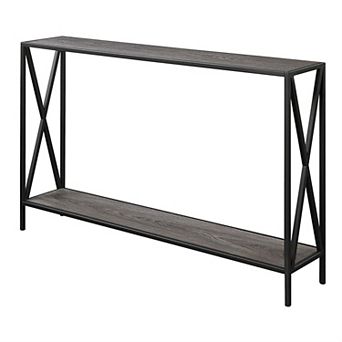 Weathered Grey Wood Console Sofa Table With Bottom Shelf And Metal Frame