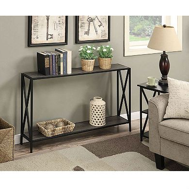 Weathered Grey Wood Console Sofa Table With Bottom Shelf And Metal Frame