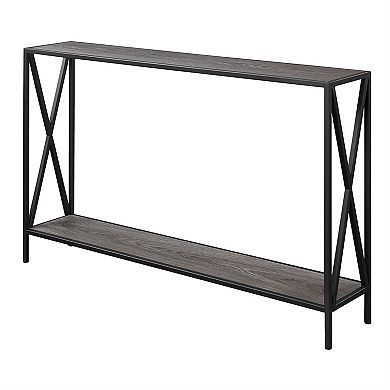 Weathered Grey Wood Console Sofa Table With Bottom Shelf And Metal Frame