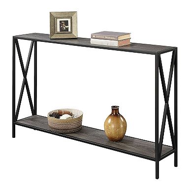 Weathered Grey Wood Console Sofa Table With Bottom Shelf And Metal Frame