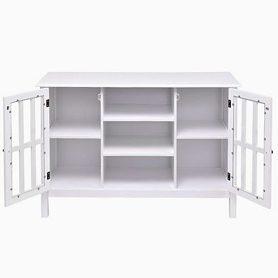 Wood Entertainment Console with Glass Panel Doors, Storage for Books, Games, and Media Devices