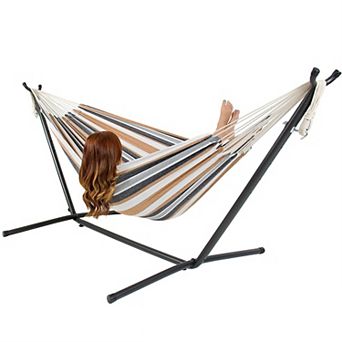 Portable Cotton Hammock In Desert Strip With Metal Stand And Carry Case