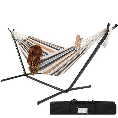 Portable Cotton Hammock In Desert Strip With Metal Stand And Carry Case