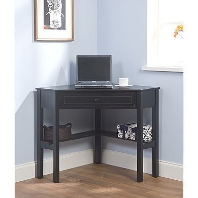 42 inches Corner Desk Black Wood Finish with Drawer and Storage Shelves for Home Office or Study