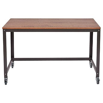 Industrial Modern Steel Frame Wood Top Computer Desk With Locking Wheels