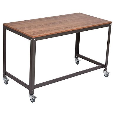 Industrial Modern Steel Frame Wood Top Computer Desk With Locking Wheels