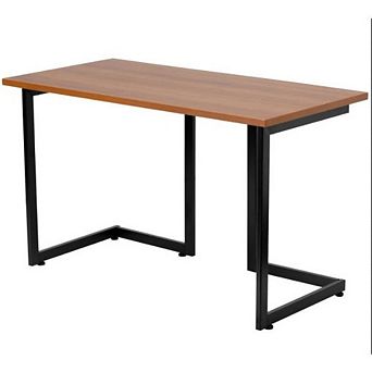 Modern Black Metal Frame Computer Desk With Cherry Wood Finish Top