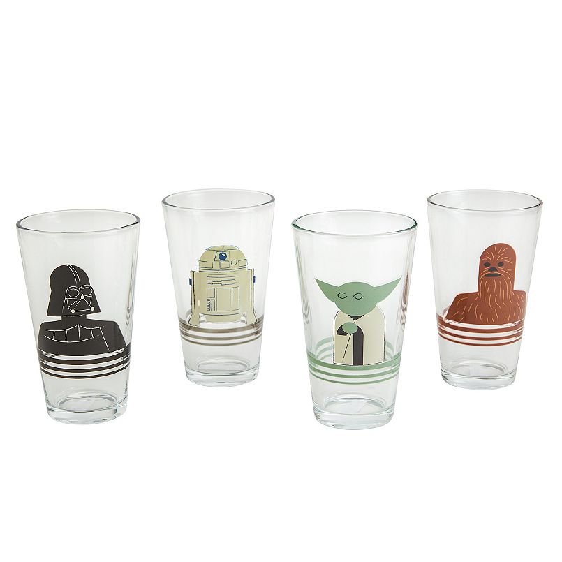 Four glass cups with Star Wars characters on them