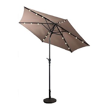 Tan 9-ft Patio Umbrella With Steel Pole Crank Tilt And Solar Led Lights