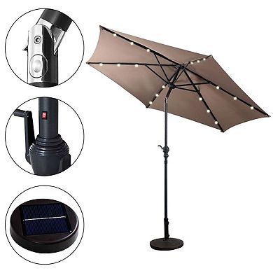 9 ft Patio Umbrella with Solar LED Lights & Tilt Crank, Outdoor Table Umbrella for Deck or Pool, Tan