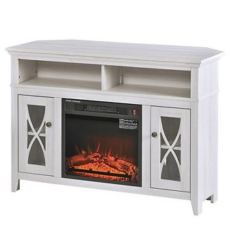 Rustic White Electric Fireplace Mantel Tv Stand W/ Adjustable Shelves 2 Storage Cabinets