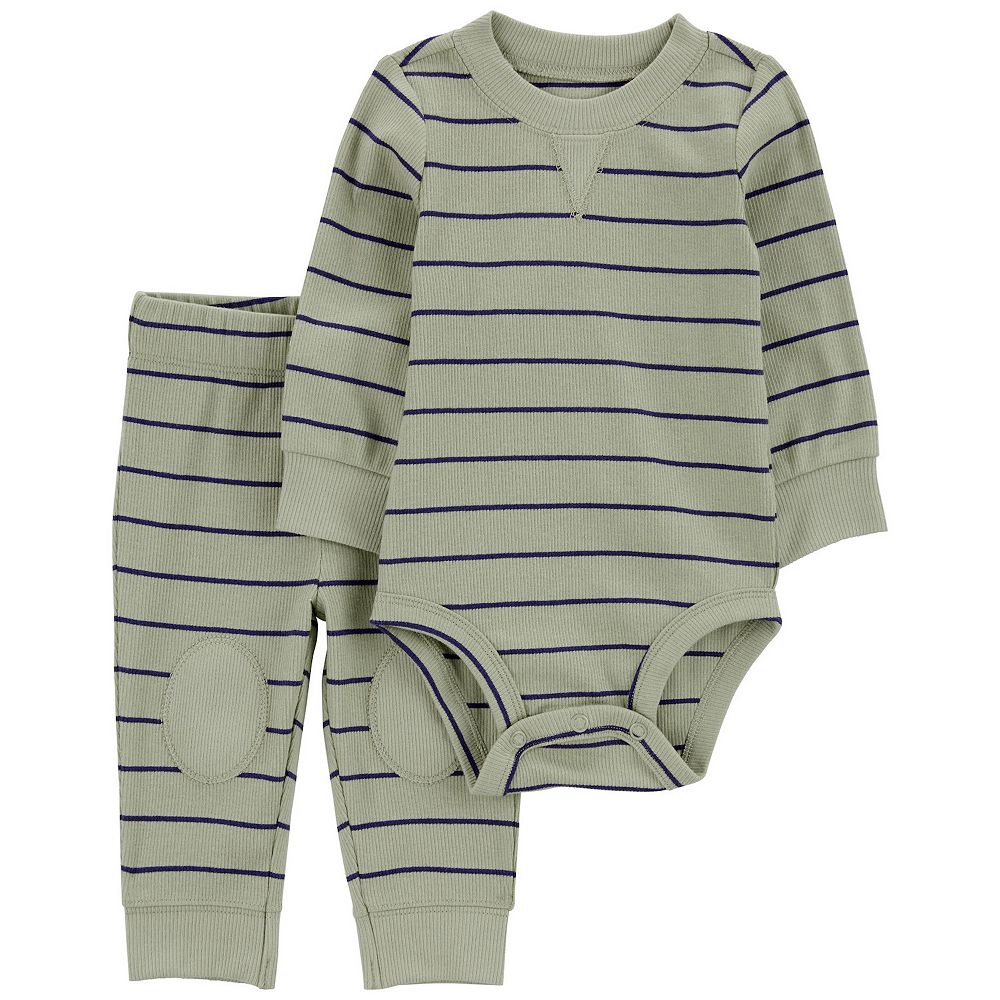 Carter's 3pc Baby Boy Green/ Stirped Airplane Print Bodysuits and Pants Set