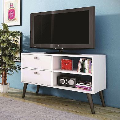 Wood Mid-Century Inspired TV Stand, Compact Entertainment Center with Storage Drawers