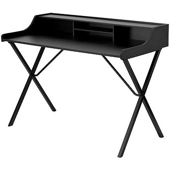 Modern Black Office Table Computer Desk With Raised Top Shelf