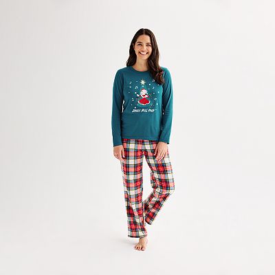 Women s Jammies For Your Families Jingle Bell Rock Mrs. Claus Pajama Top Fleece Pajama Bottoms Set