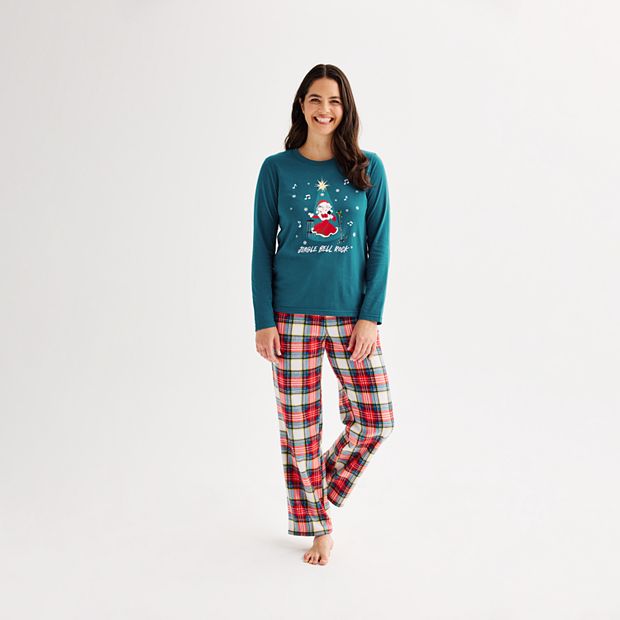 Women s Jammies For Your Families Jingle Bell Rock Mrs. Claus Pajama Top Fleece Pajama Bottoms Set