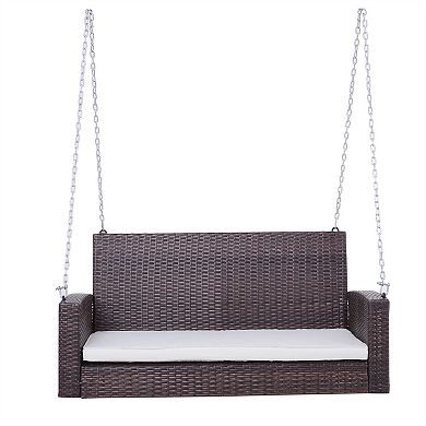 Espresso Wicker Porch Swing 7ft Hanging Chain With Cream Padded Cushion