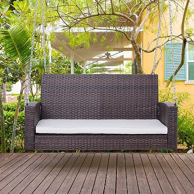 Espresso Wicker Porch Swing 7ft Hanging Chain With Cream Padded Cushion