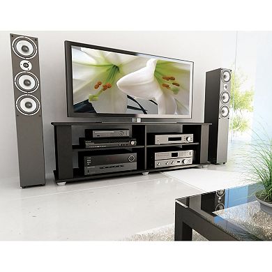 TV stand with TV and speakers in living room