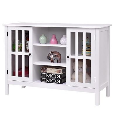 White Entertainment Center with Tempered Glass Doors and Media Storage, 43 x 16 inches