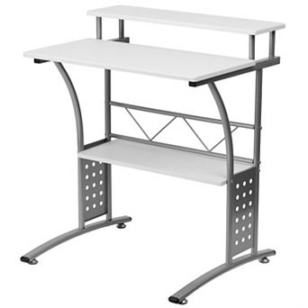 Modern Metal Frame Computer Desk With White Laminate Top And Raised Shelf