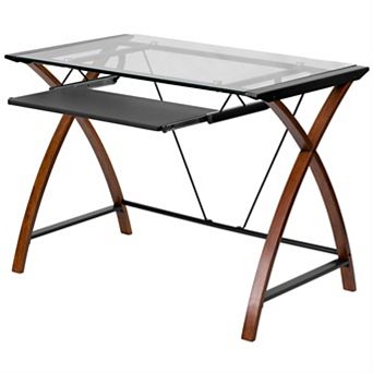 Modern Cherry Finish Glass Top Writing Table Computer Desk With Keyboard Tray