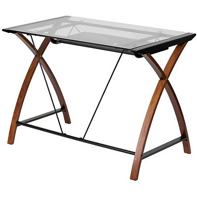 39.25 in. Wide Home Office Computer Desk with Clear Glass Top and Sliding Keyboard Tray, Cherry