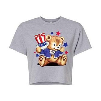 Juniors' Patriotic Bear Cropped Graphic Tee