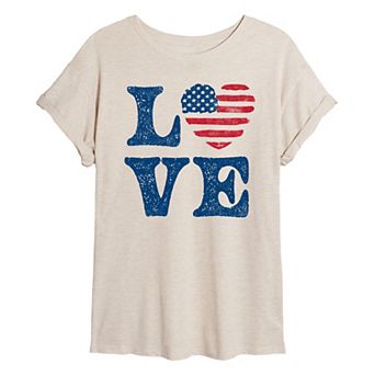 Juniors' American Flag Heart Oversized Tee