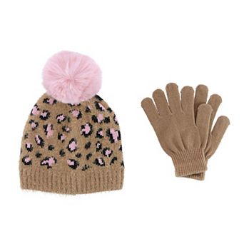 Ctm Girl's 7-14 Leopard Print Winter Pom Hat And Glove Set By Connex Gear
