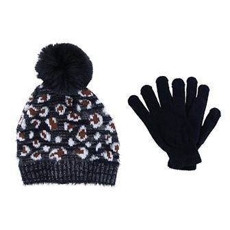 Ctm Girl's 7-14 Leopard Print Winter Pom Hat And Glove Set By Connex Gear